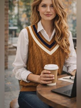 T by Talbots Cable Knit Sweater Vest Mustard V-Neck Stripe Trim Preppy Chic Sz M